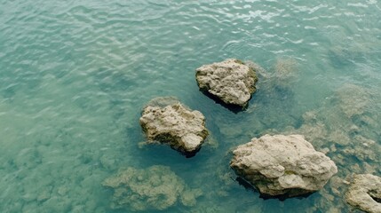 Obraz premium Three rocks partially submerged in clear, shallow water.