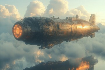 Massive spaceship hovering above clouds during sunset with detailed industrial design and glowing engines
