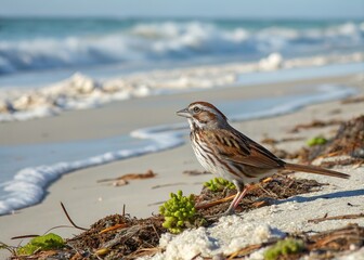 AI-rendered coastal scene: song sparrow perched, serene.