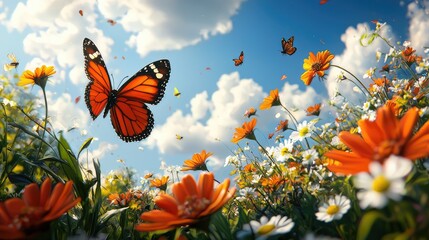 Vibrant Butterflies Among Colorful Flowers Under a Bright Sky