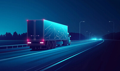 A glowing truck travels on a dark highway, illuminated by vibrant blue lights, showcasing a futuristic scene.