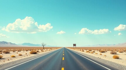Fototapeta premium Endless Asphalt Road Journey Across a Sun-Drenched Desert Landscape Under a Vivid Blue Sky with Fluffy White Clouds