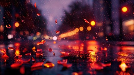 Colorful Raindrops and Petals on City Street at Night