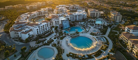 Aerial view Coastal resort, sunset, pools, waterfall, luxury villas