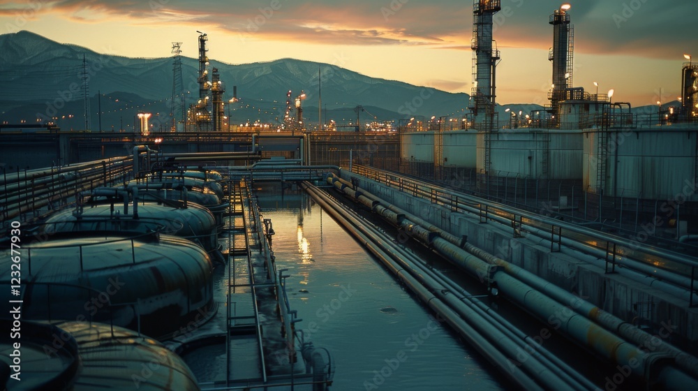 Leinwandbilder pipelines and large storage tanks are visible in an industrial area at dusk, illuminated by artifici