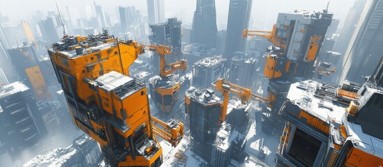 Futuristic city aerial, snowy landscape, orange structures, crane arms, game background