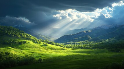 Obraz premium Serene Landscape with Sunlight Beaming through Dark Clouds