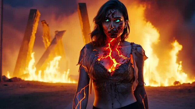 A zombie woman walking away from a burning building, her skin cracked with fiery embers, blending horror and destruction
