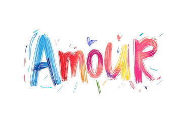  A vibrant artistic illustration of the word Amour painted in colorful brush strokes on a white background, featuring dynamic textures and expressive splashes of color.