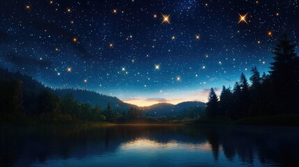 Fototapeta premium Serene Night Sky Reflected on Calm Lake with Stars and Mountains