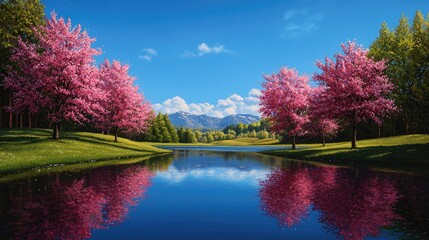 Obraz premium Serene Landscape with Pink Cherry Trees and Reflective Water