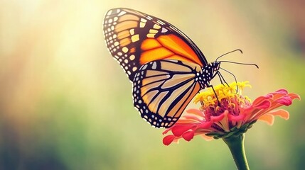Fototapeta premium Monarch butterfly on a pink zinnia flower in sunlight.