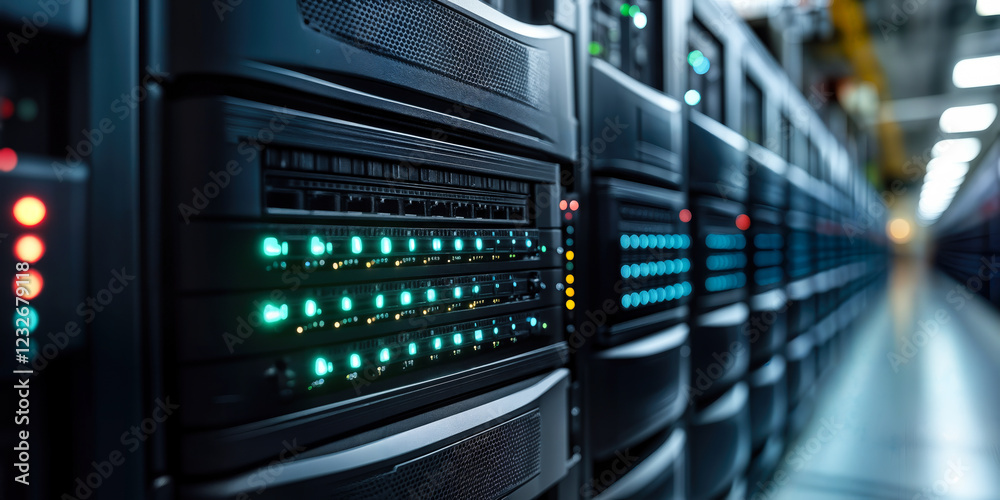 Poster high-tech data storage servers in a modern data center focusing on connectivity and reduced latency