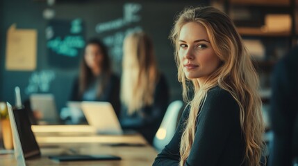 Fototapeta premium Confident Young Businesswoman at Office Desk with Coworkers in Background