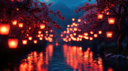 Fototapeta premium Serene Night View with Cherry Blossoms and Lanterns by the Water