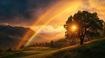 Obraz premium Majestic Rainbow Arcing Over Peaceful Mountain Landscape at Sunset