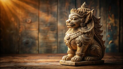 Fototapeta premium A solitary stone statue of a mythical creature with intricate carvings on a wooden background with subtle texture and warm lighting, isolation, fantasy