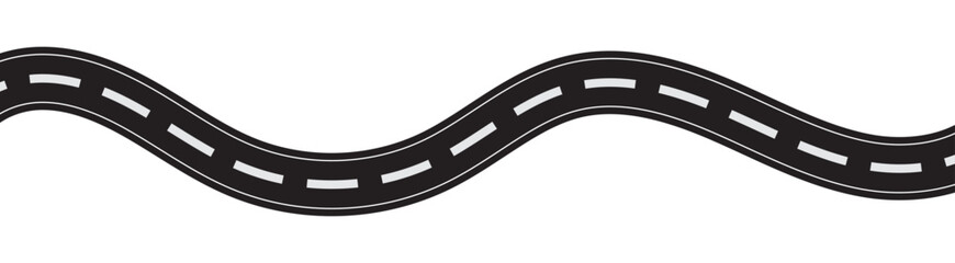 Winding road. Traveling along a curved highway. Background of the road to the horizon in perspective. Curvy asphalt empty line isolated vector concept. Vector winding road isolated on transparent back
