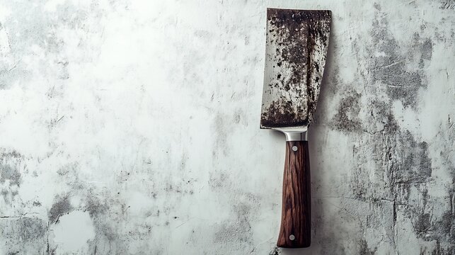 Rustic cleaver, grunge background, overhead, butchering
