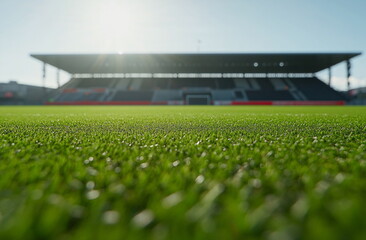 Close-up of football stadium grass with morning dew, ready for training. Perfect for sports, fitness, and championship visuals. High-resolution image.

