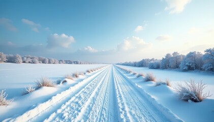 A deserted, snow-laden road cuts through a snowy field , route, journey