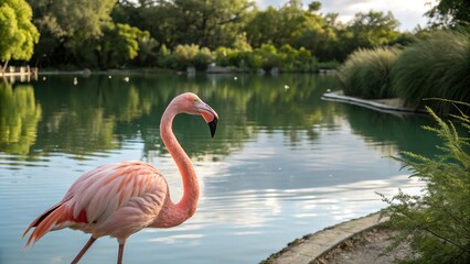 Fototapeta premium A pink flamingo glides on a glassy lake. Generative AI showcases the serene landscape.