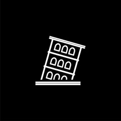 Pisa tower sign architectural monument icon on black background.