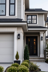 Modern Luxury House Exterior: Contemporary Home Design and Architecture.  Grey and Black Facade, Elegant Entrance, and Dream Home Style