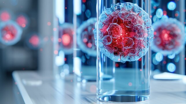 Microscopic View of Virus in Laboratory Glassware with Red Details - Powered by Adobe