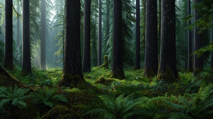 Obraz premium A forest with tall trees and a lot of moss