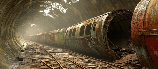 Rusty train wreck in decaying tunnel, sunlight at end
