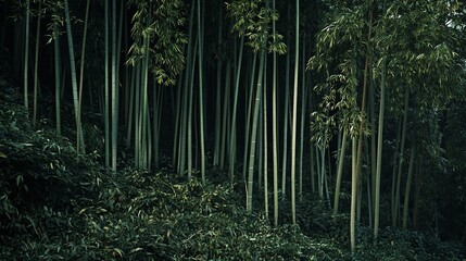 Lush bamboo forest, tranquil Asian landscape, serene background, nature poster