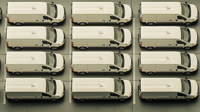 Fleet of White Vans Parked in a Parking Lot
