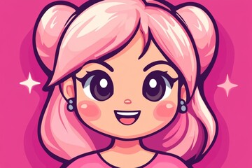 Cute cartoon character with pink hair and a cheerful expression