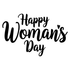 "Happy Woman's Day" hand-lettered in a bold, elegant style with a black ink effect, featuring a subtle heart detail. 