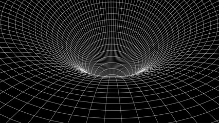 Graphic illusion of a tunnel. Holes in a funnel or mesh. Abstract 3D wireframe wormhole. Vector illustration.