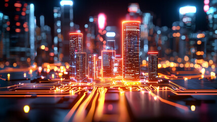 Fototapeta premium Futuristic cityscape at night, illuminated skyscrapers with glowing edges, digital circuit patterns, and vibrant colors