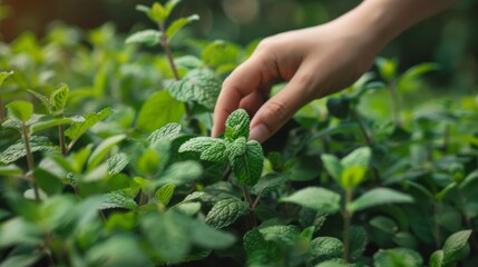 A hand gently touches the vibrant green mint leaves, beautifully showcasing the abundant beauty of natures bounty