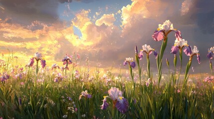 Fototapeta premium A field of purple irises with a cloudy sky in the background
