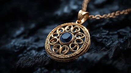 A gold and blue necklace with a blue stone in the center