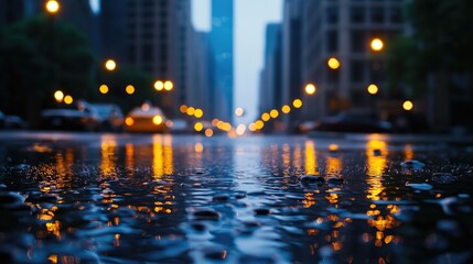 Rainy City Street at Dusk with Reflections and Street Lights