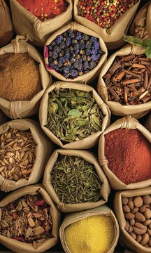 Turkish A variety of spices are displayed in bags, including cinnamon, cumin, and turmeric. The bags are arranged in a row, with some bags overlapping each other. The spices are colorful and fragrant