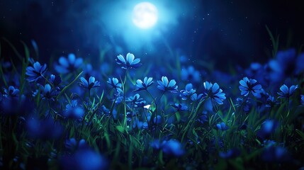 Blue Flower Field Under Moonlight in Mystical Night Scene
