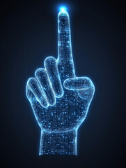 Naklejka premium Digital Hand Pointing Up: A futuristic, digitally rendered hand points upwards with a luminous blue glow emanating from the index finger, symbolizing innovation, direction.