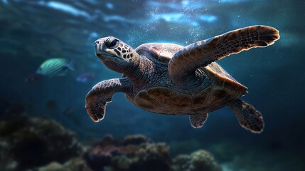 Obraz premium A turtle swimming in the ocean with a fish in the background