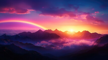 Obraz premium Majestic Sunrise Over Mountains with Colorful Sky and Rainbow