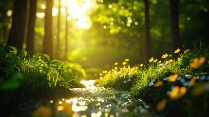 Fototapeta premium Serene Sunlit Forest Stream with Wildflowers and Glowing Light