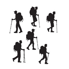 Naklejka premium Set of silhouette of Hiking man. hikers with rucksacks and backpack silhouette.