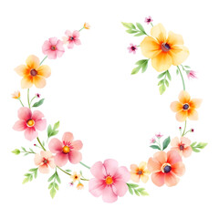 Fototapeta premium Floral Watercolor Wreath: A delicate watercolor wreath of pastel pink, orange and yellow flowers, arranged in a circular frame with lush green foliage.