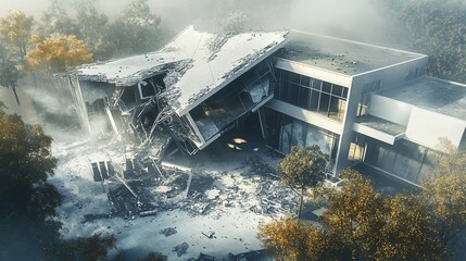 Collapsed modern house, aerial view, autumn trees, disaster scene, insurance